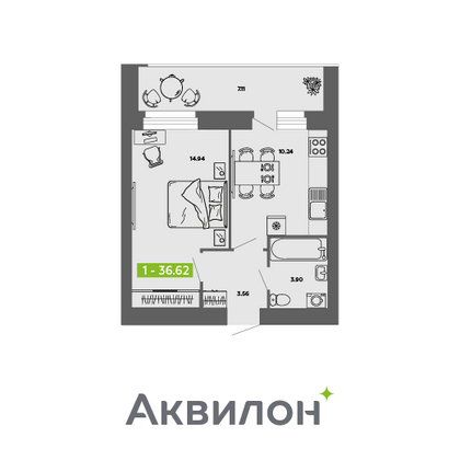 36,6 м², 1-комн. квартира, 10/11 этаж