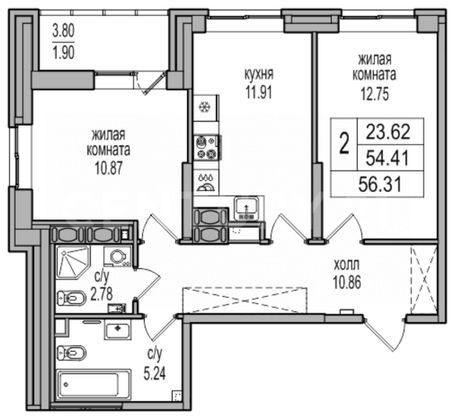 Продажа 2-комнатной квартиры 56,3 м², 18/25 этаж