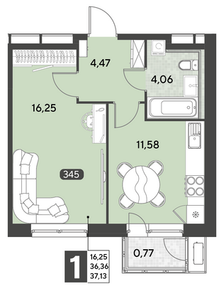 Продажа 1-комнатной квартиры 37,1 м², 21/25 этаж