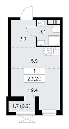 23,2 м², своб. планировка, 4/16 этаж