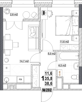 Продажа 1-комнатной квартиры 38,6 м², 20/24 этаж