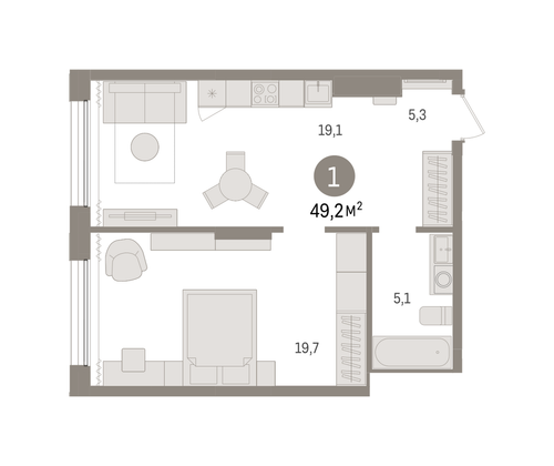 49,2 м², 1-комн. квартира, 5/17 этаж