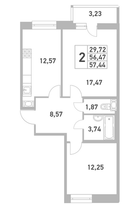 Продажа 2-комнатной квартиры 57,4 м², 3/12 этаж