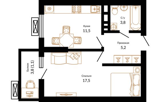 39,3 м², 1-комн. квартира, 14/15 этаж