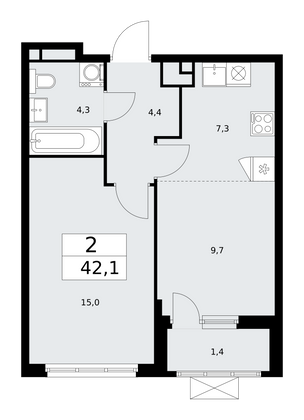 42,1 м², своб. планировка, 11/17 этаж