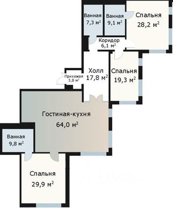 Продажа 4-комнатной квартиры 195,3 м², 3/18 этаж