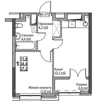 Продажа 1-комнатной квартиры 37,2 м², 17/24 этаж