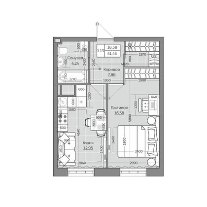 41,4 м², 1-комн. квартира, 5/25 этаж