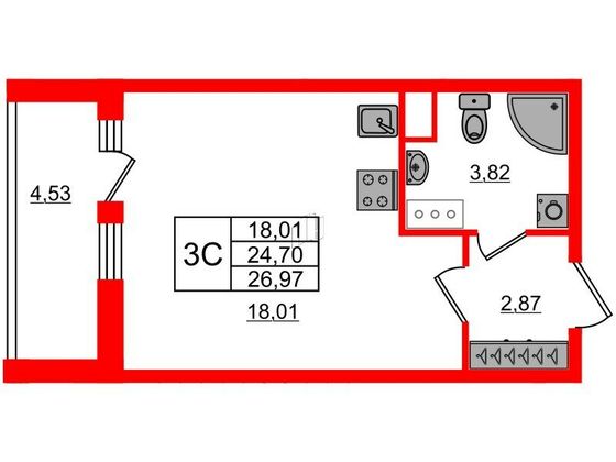 Продажа квартиры-студии 24,7 м², 15/15 этаж