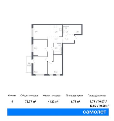 72,8 м², 3-комн. квартира, 19/24 этаж