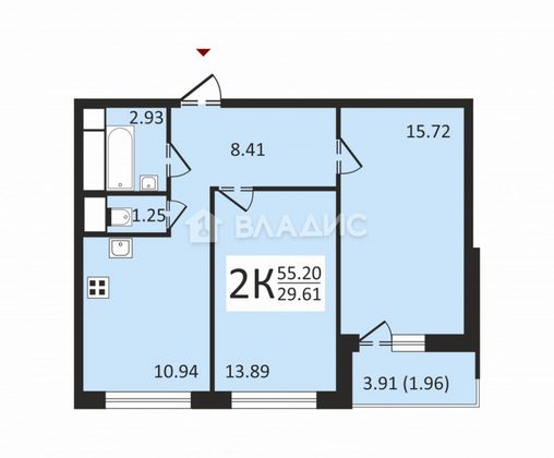 Продажа 2-комнатной квартиры 55,1 м², 7/25 этаж