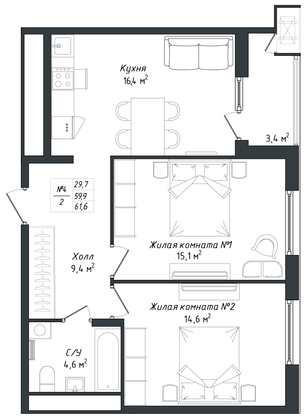 Продажа 2-комнатной квартиры 61,6 м², 13/18 этаж