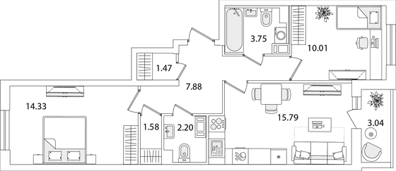 58,5 м², 2-комн. квартира, 3/9 этаж