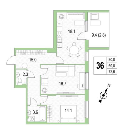 Продажа 2-комнатной квартиры 72,6 м², 4/4 этаж