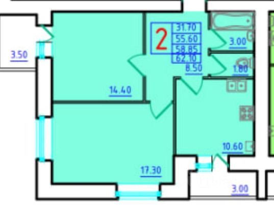 Продажа 2-комнатной квартиры 55 м², 1/10 этаж