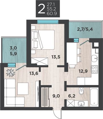 Продажа 2-комнатной квартиры 61 м², 1/8 этаж