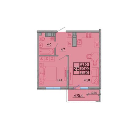 41,4 м², 1-комн. квартира, 15/22 этаж