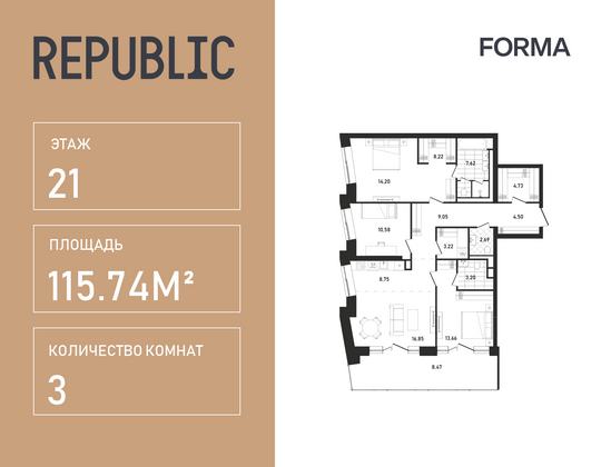 115,7 м², 3-комн. квартира, 21/33 этаж