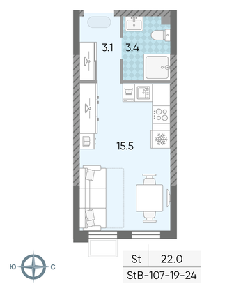 Продажа квартиры-студии 22 м², 23/24 этаж