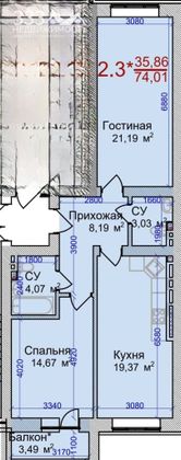 Продажа 2-комнатной квартиры 74 м², 2/9 этаж