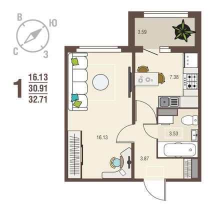 32,7 м², 1-комн. квартира, 2/10 этаж