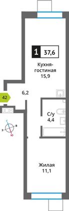 Продажа 1-комнатной квартиры 37,6 м², 2/6 этаж