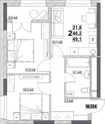 Продажа 2-комнатной квартиры 49,1 м², 16/24 этаж