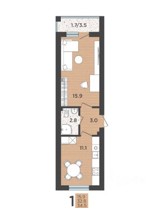 Продажа 1-комнатной квартиры 32,8 м², 2/5 этаж