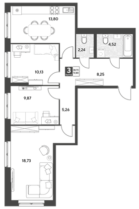 Продажа 3-комнатной квартиры 72,8 м², 25/25 этаж