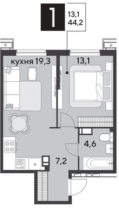 Продажа 1-комнатной квартиры 44,2 м², 6/18 этаж