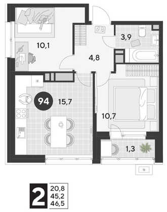 Продажа 2-комнатной квартиры 46,5 м², 9/21 этаж