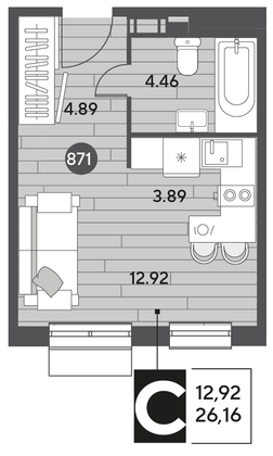 Продажа квартиры-студии 26,2 м², 9/9 этаж