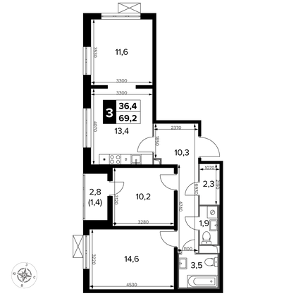 69,2 м², 3-комн. квартира, 2/22 этаж