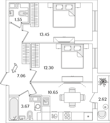 50 м², 2-комн. квартира, 6/9 этаж