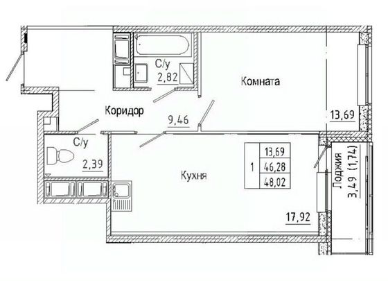 Продажа 1-комнатной квартиры 47,1 м², 6/24 этаж