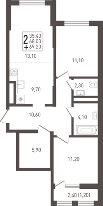 69,2 м², 2-комн. квартира, 8/8 этаж