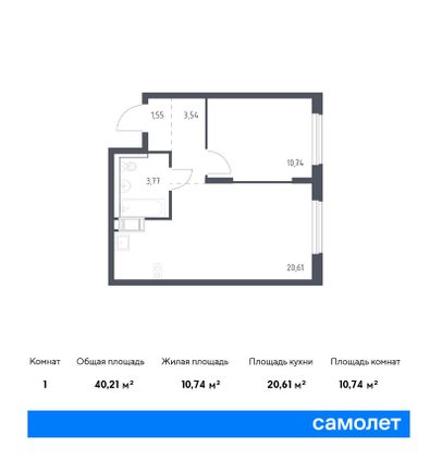 35,1 м², 1-комн. квартира, 12/13 этаж