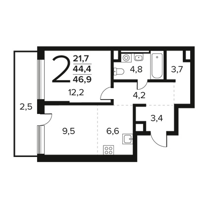 Продажа 2-комнатной квартиры 46,9 м², 1/9 этаж