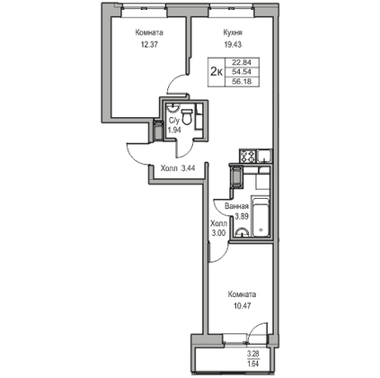 Продажа 2-комнатной квартиры 54,5 м², 14/23 этаж