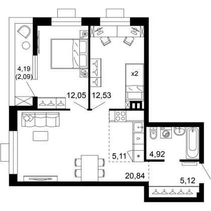 62,7 м², 3-комн. квартира, 2/10 этаж