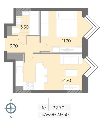 Продажа 1-комнатной квартиры 32,7 м², 27/30 этаж