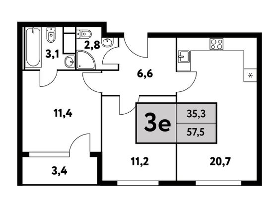 57,5 м², 3-комн. квартира, 12/35 этаж