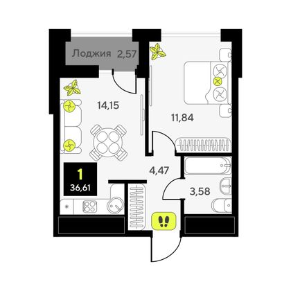 36,6 м², 1-комн. квартира, 2/14 этаж