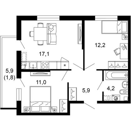 52,2 м², 2-комн. квартира, 2/17 этаж