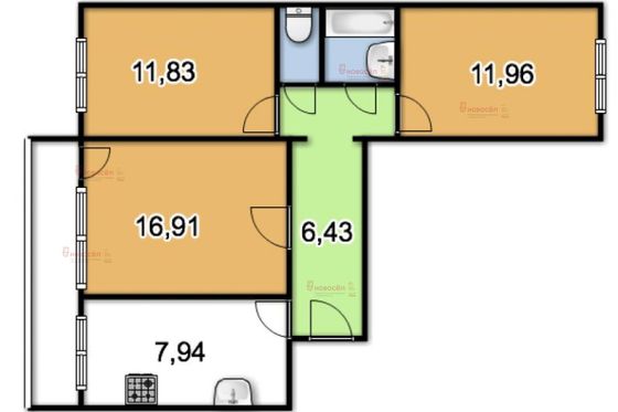 Продажа 3-комнатной квартиры 60 м², 4/5 этаж