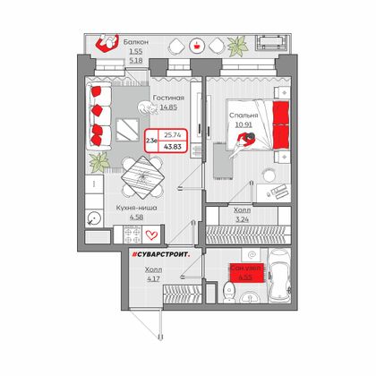 43,8 м², 2-комн. квартира, 5/19 этаж