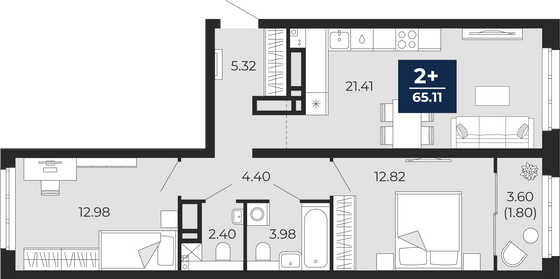 65,1 м², 2-комн. квартира, 13/23 этаж