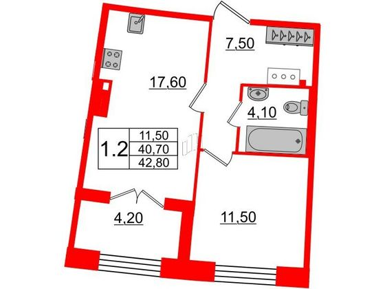 Продажа 1-комнатной квартиры 40,7 м², 6/8 этаж