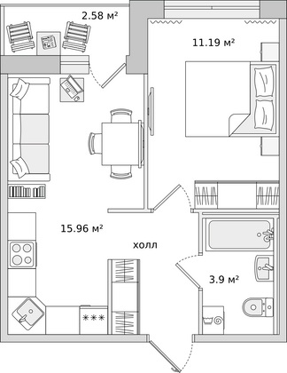 34,3 м², 1-комн. квартира, 14/15 этаж