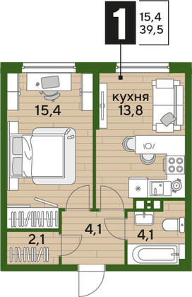 Продажа 1-комнатной квартиры 39,5 м², 4/16 этаж